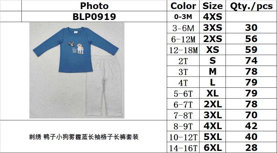 RTS NO MOQ ETA 5/7days Arrived BLP0919 Embroidered duck puppy haze blue long-sleeved plaid trousers set