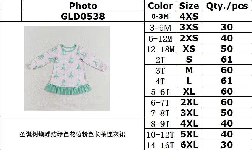 rts no moq GLD0538 Christmas tree bow green lace pink long-sleeved dress