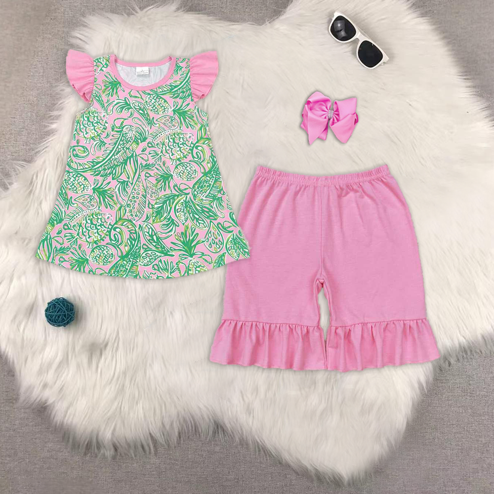 RTS NO MOQ GT0561+SS0356 Floral pattern flying sleeve top Pink straight one-layer lace shorts sets