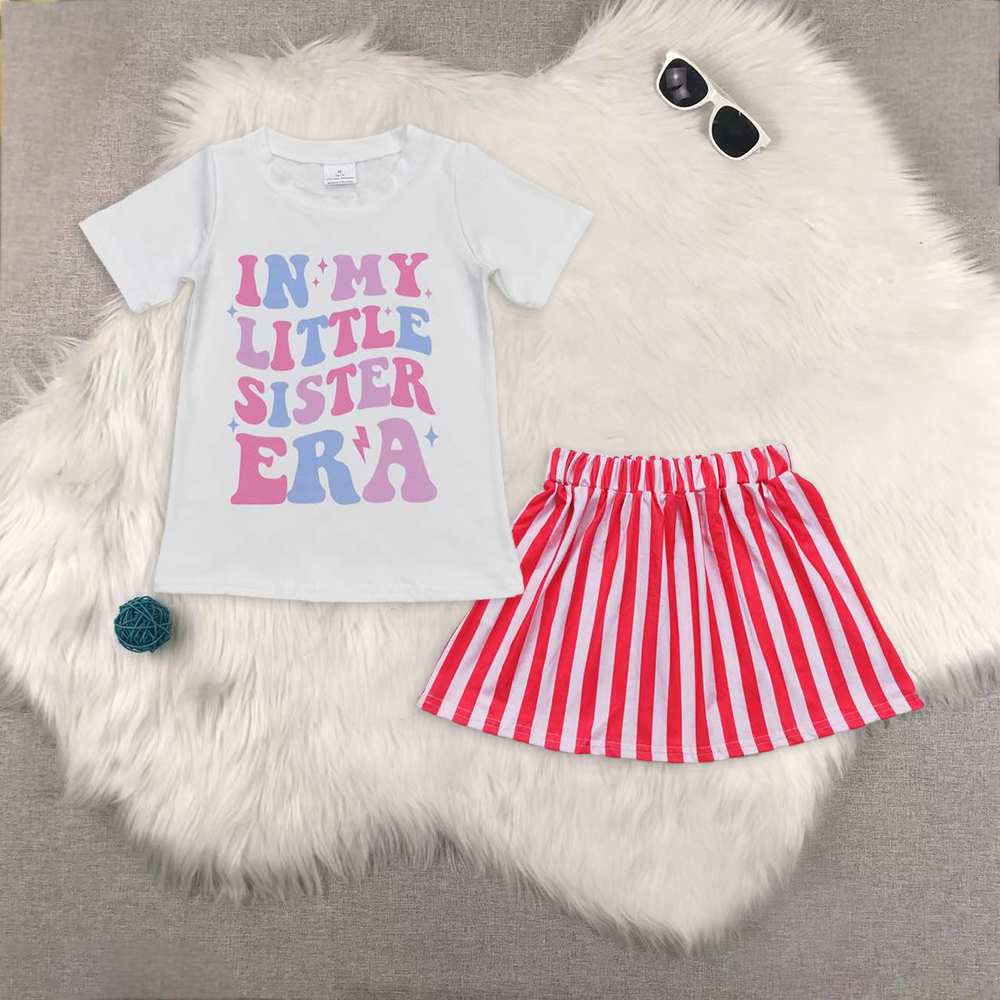 RTS NO MOQ ETA 5/7days Arrived GT0507+GLK0029 in my little sister era white short-sleeved shirt with letters pink striped skirt sets