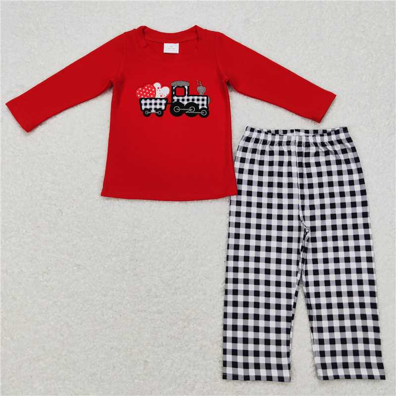 RTS NO MOQ(In Stock) BLP0403 Baby Boys Valentine embroidery love Pocket Top Pants Outfits Sets