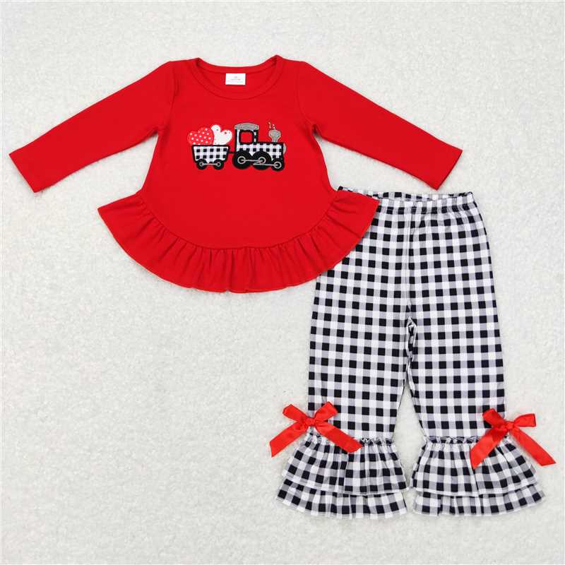 RTS NO MOQ(In Stock) GLP0908 Baby girl Toddler valentine embroidery love Shirts plaid Pants Clothes Sets