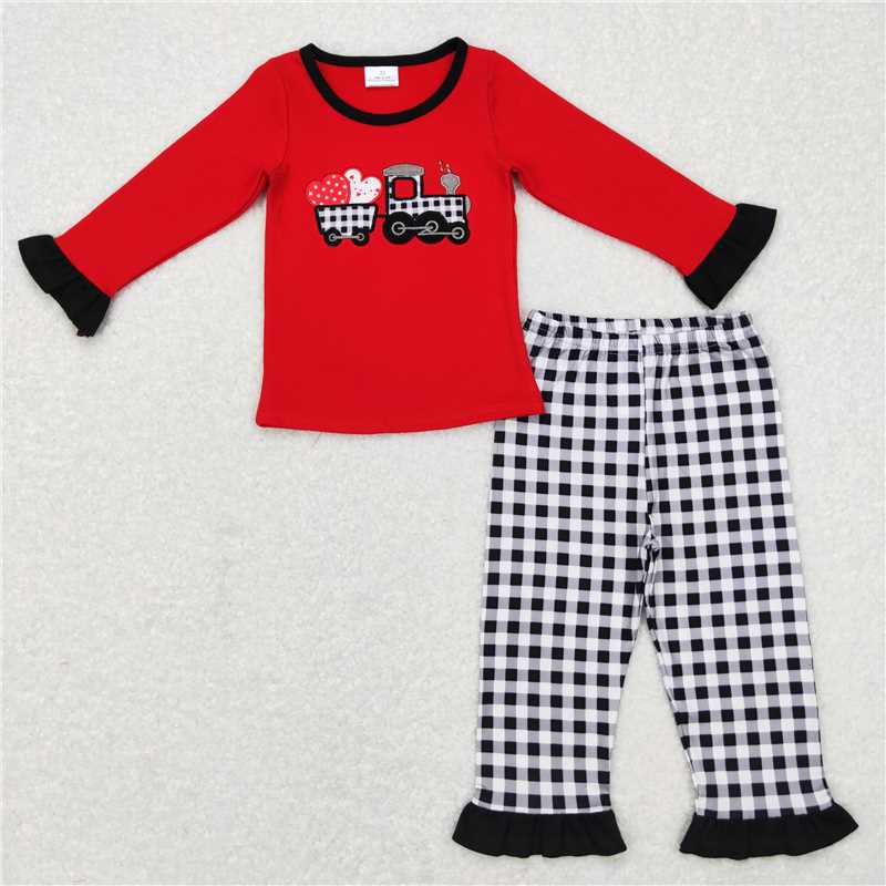 RTS NO MOQ(In Stock) GLP0909 Baby girl Toddler valentine embroidery love Shirts plaid Pants Clothes Sets
