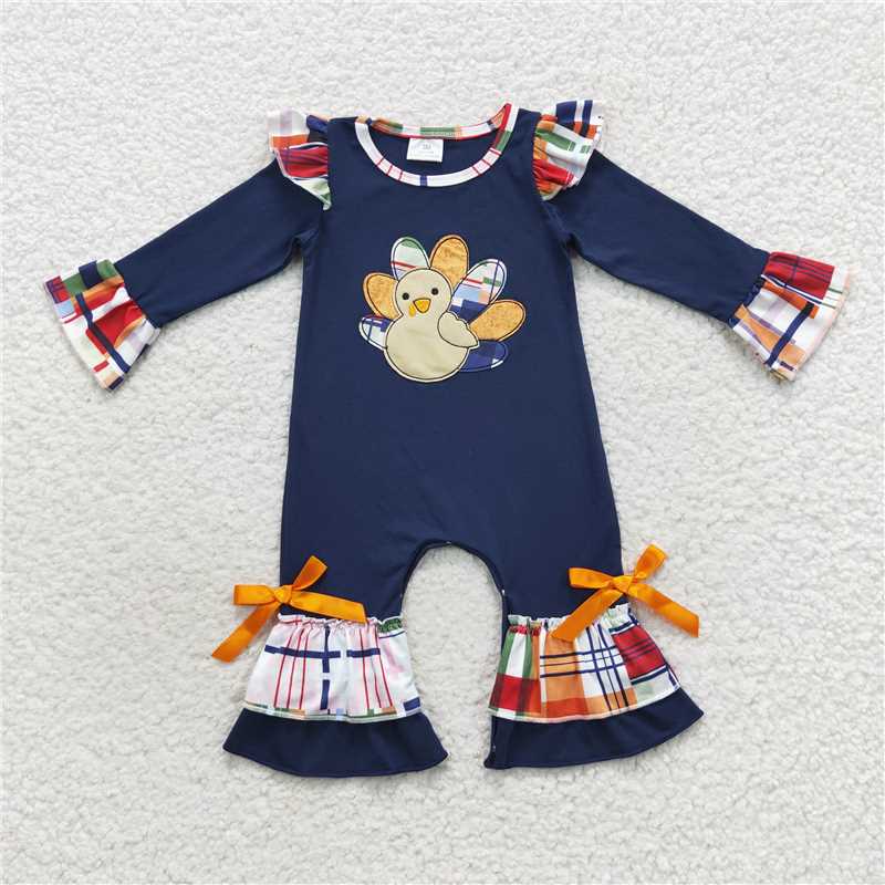 RTS NO MOQ(In Stock ) LR0366 Embroidered Turkey navy blue Long Sleeve Bodysuit