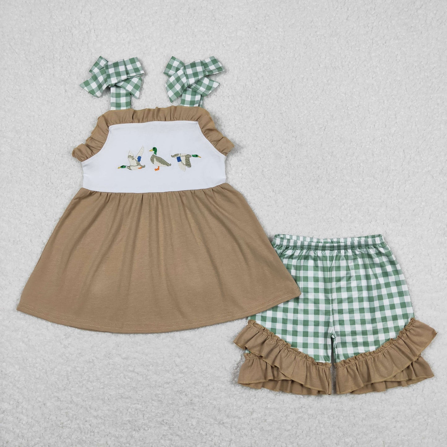 RTS NO MOQ(In Stock) Embroidered duck green white plaid brown lace suspender shorts suit