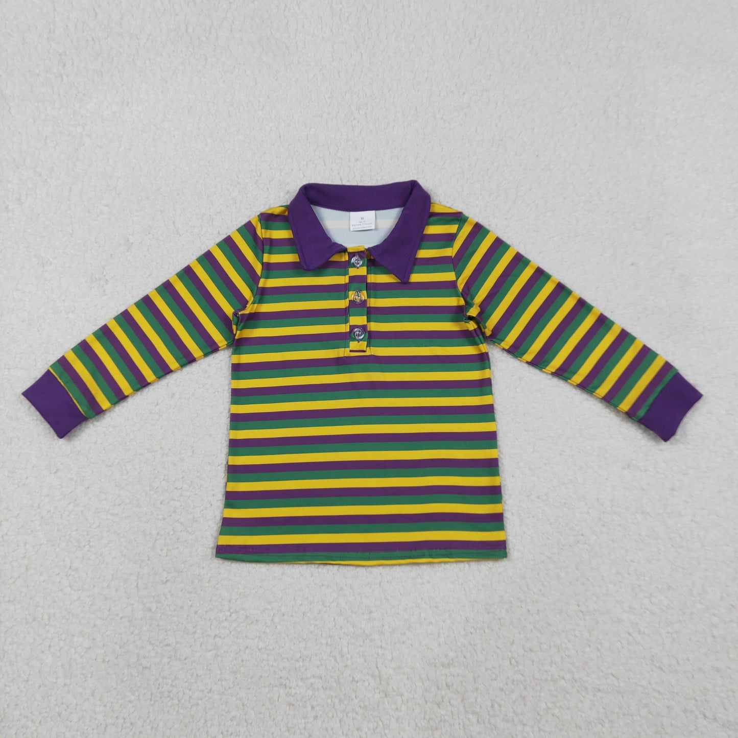 RTS NO MOQ(In Stock) Carnival Yellow-Green-Purple Striped Button-Up Long-Sleeve Top