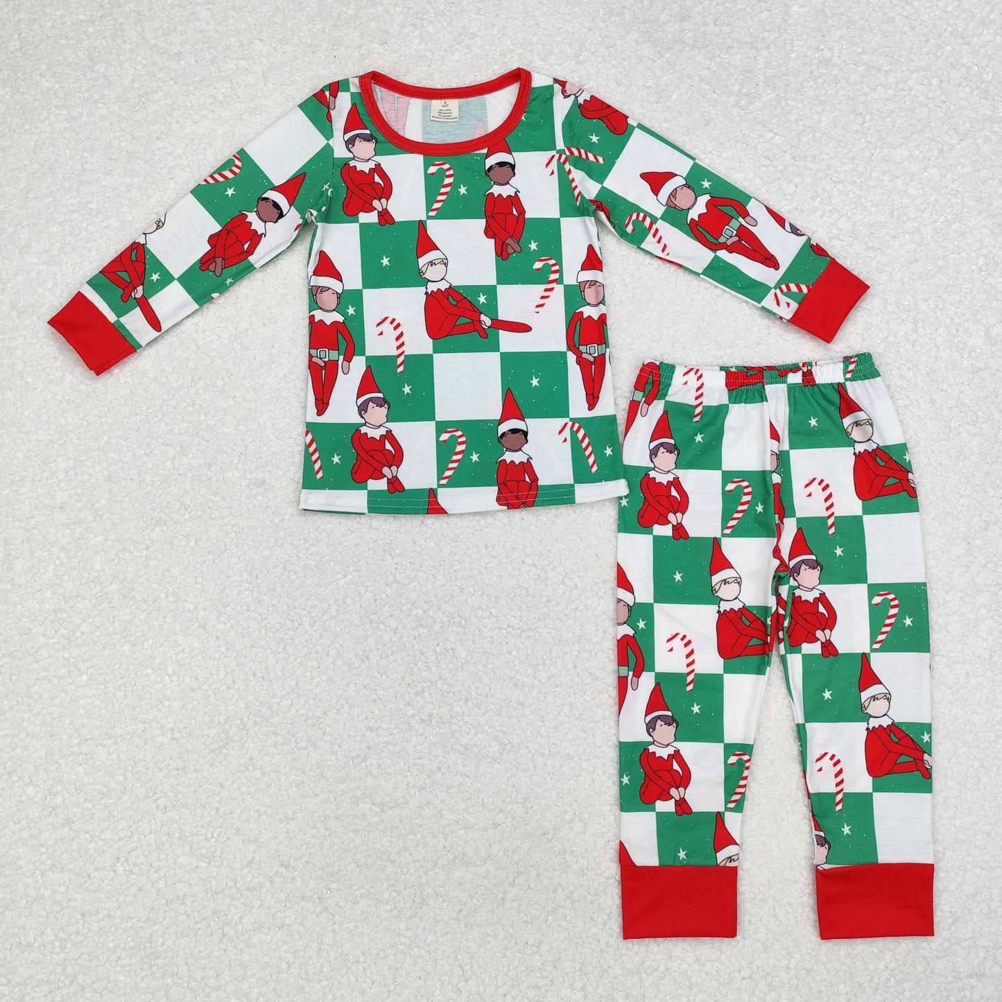 RTS NO MOQ(In Stock) BLP0875 Modal Christmas Elf Cane Green and White Plaid Long Sleeve Long Pants Pajama Set
