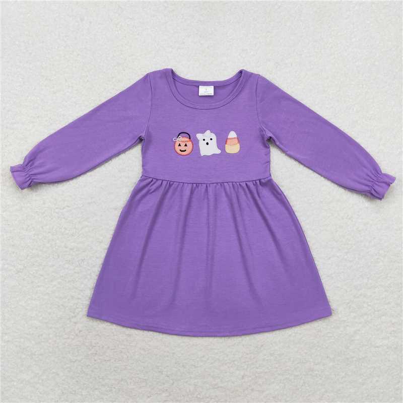 RTS NO MOQ(In Stock) GLD0575 baby clothing embroidery Halloween purple long sleeve dress