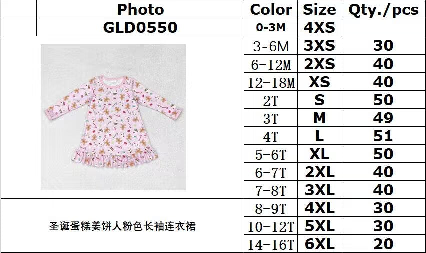 rts no moq GLD0550 Christmas Cake Gingerbread Man Pink Long Sleeve Dress