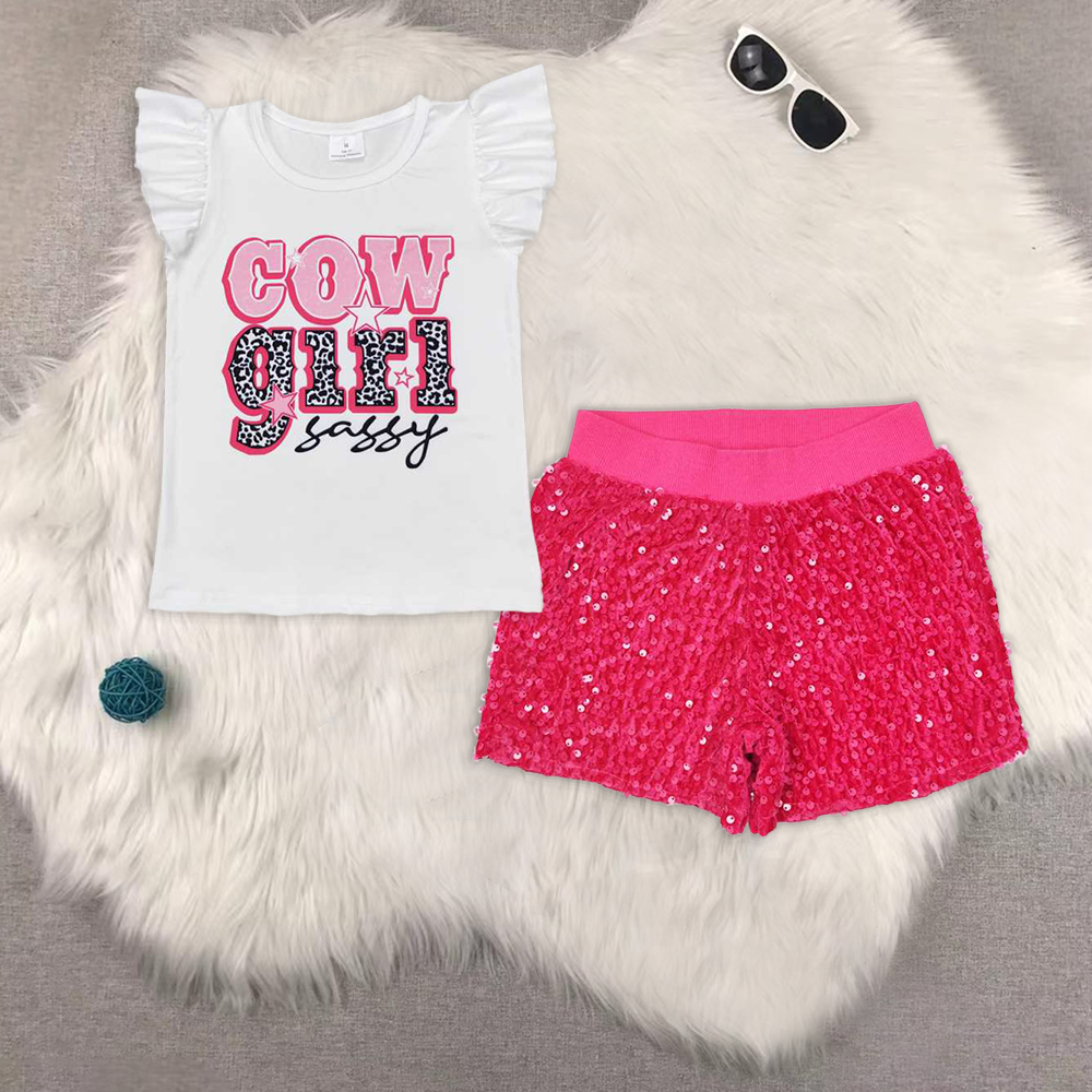RTS NO MOQ ETA 5/7days Arrived GT0504+SS0351 cowgirl sassy letter white lace sleeve top rose red sequin shorts sets
