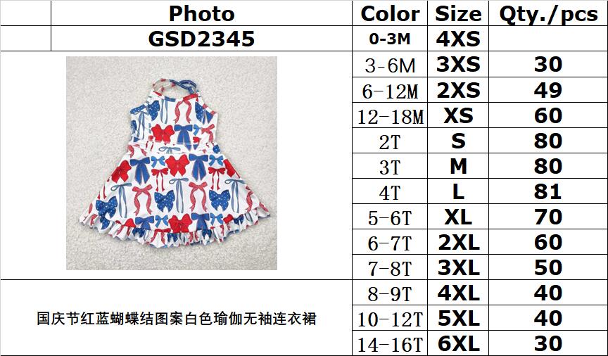 RTS NO MOQ GSD2345 National Day red and blue bow pattern white yoga sleeveless dress