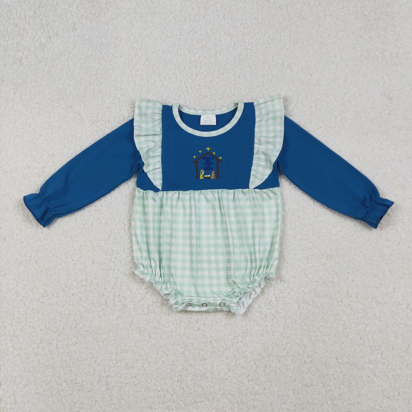 RTS NO MOQ(In Stock) LR2477 Blue long-sleeved bodysuit with embroidered Jesus green plaid lace