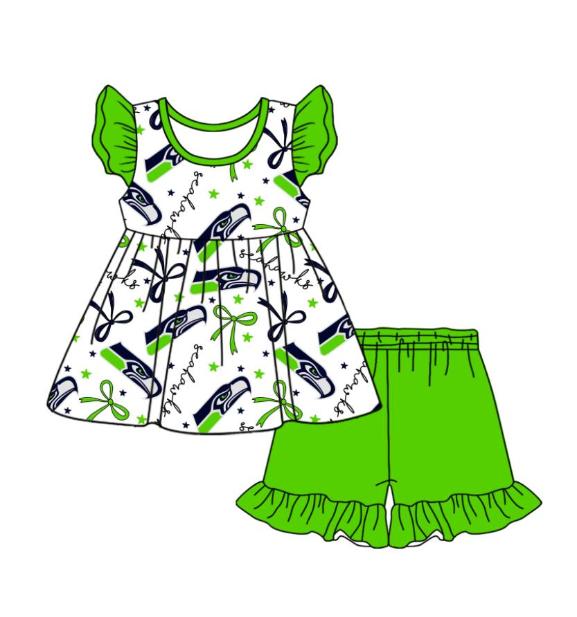 custom moq 3 eta 6-7weeks baby girls clothes bow team green short Sleeves Shorts Set