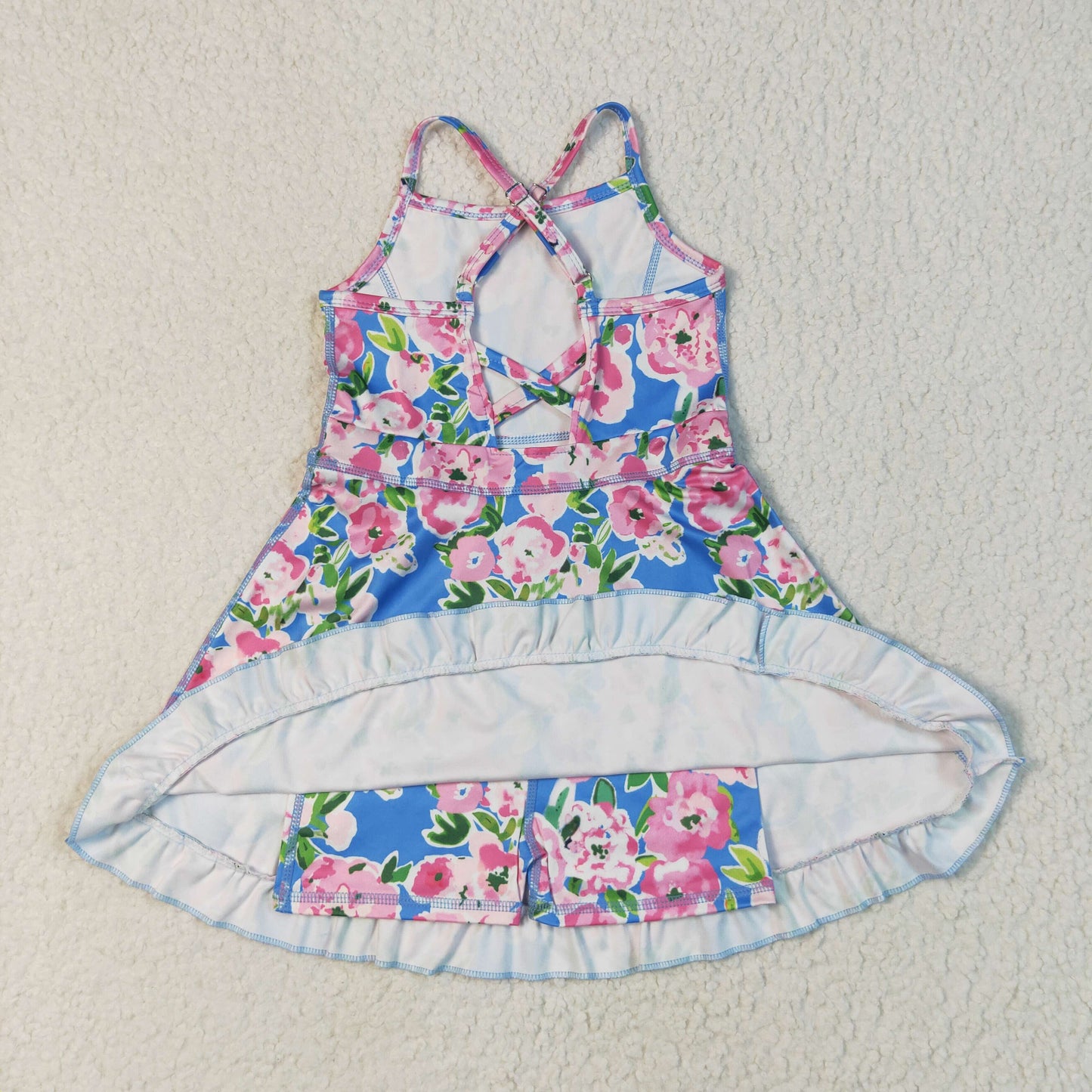 RTS NO MOQ(In Stock) GSD2284 Pink flower blue yoga sleeveless dress