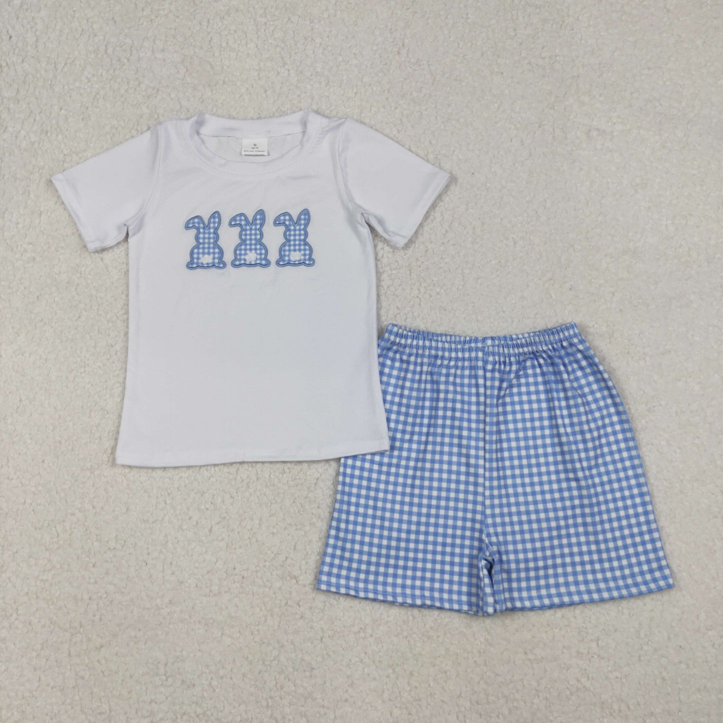 RTS NO MOQ(In Stock) BSSO1123 Embroidered Easter Bunny White Short Sleeve Blue Plaid Shorts Set