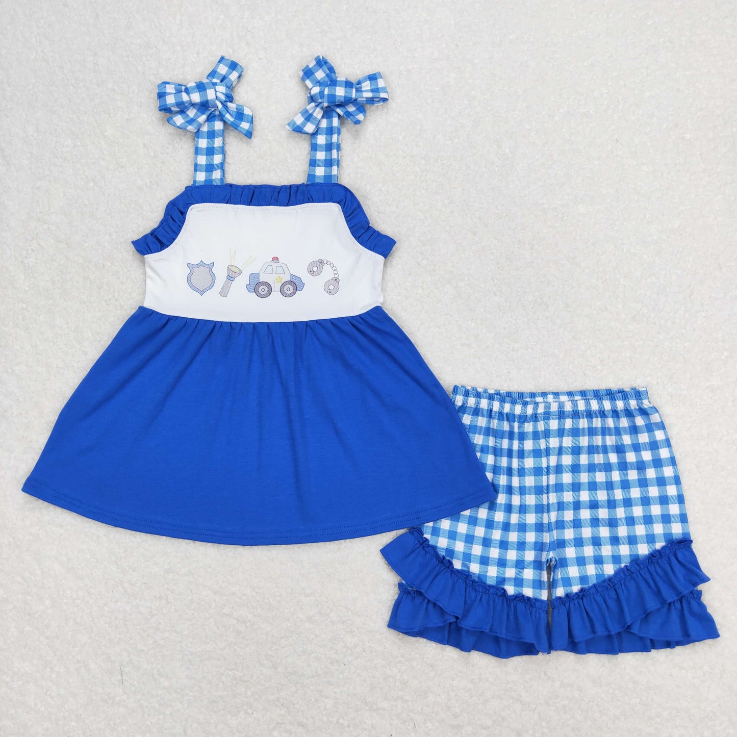 RTS NO MOQ(In Stock) police flashlight blue and white plaid lace suspender shorts suit