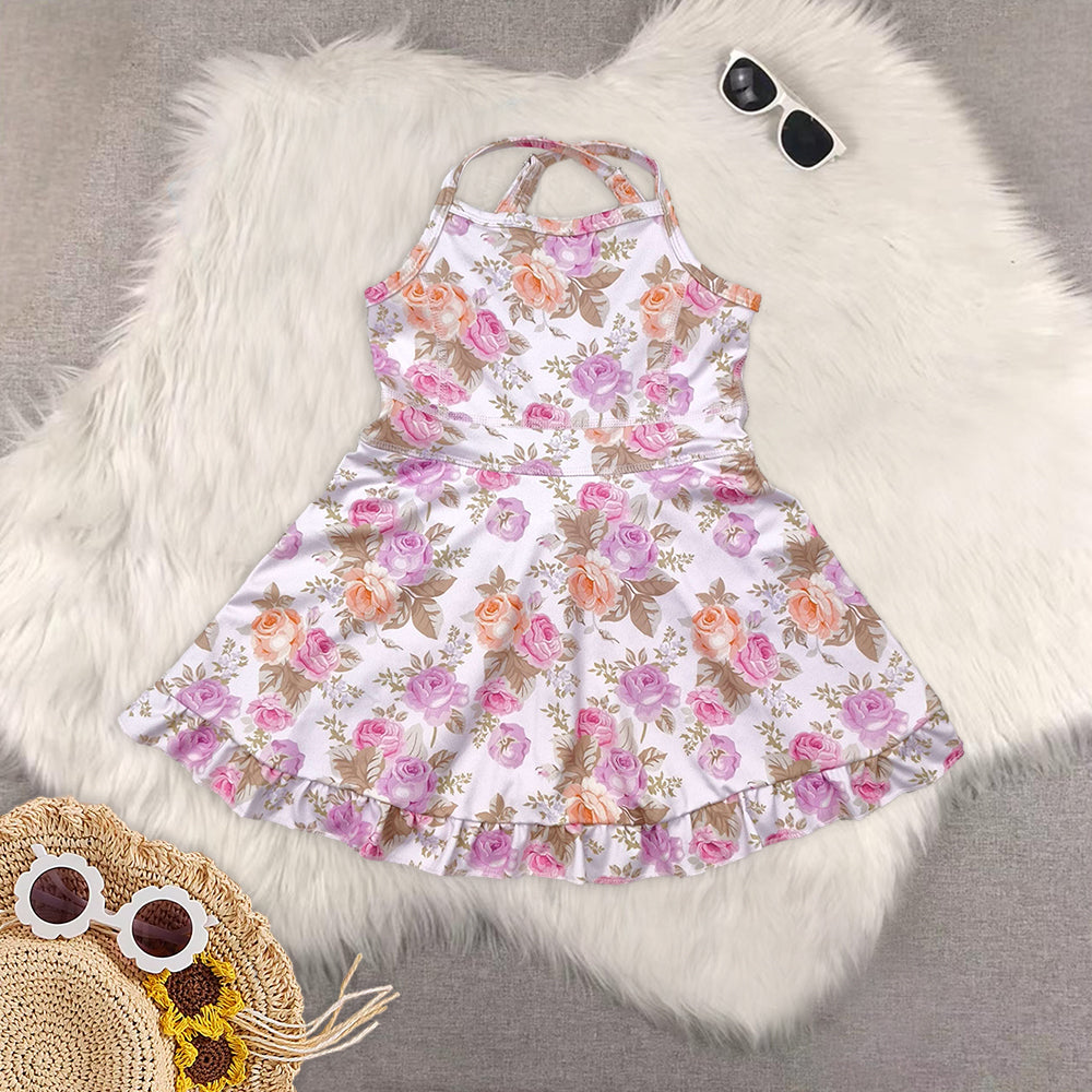 RTS NO MOQ baby girl clothes yoga floral suspender skirt sets