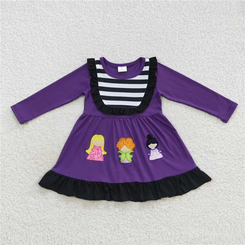 RTS NO MOQ(In Stock) GLD0365 baby clothing embroidery Halloween purple long sleeve dress