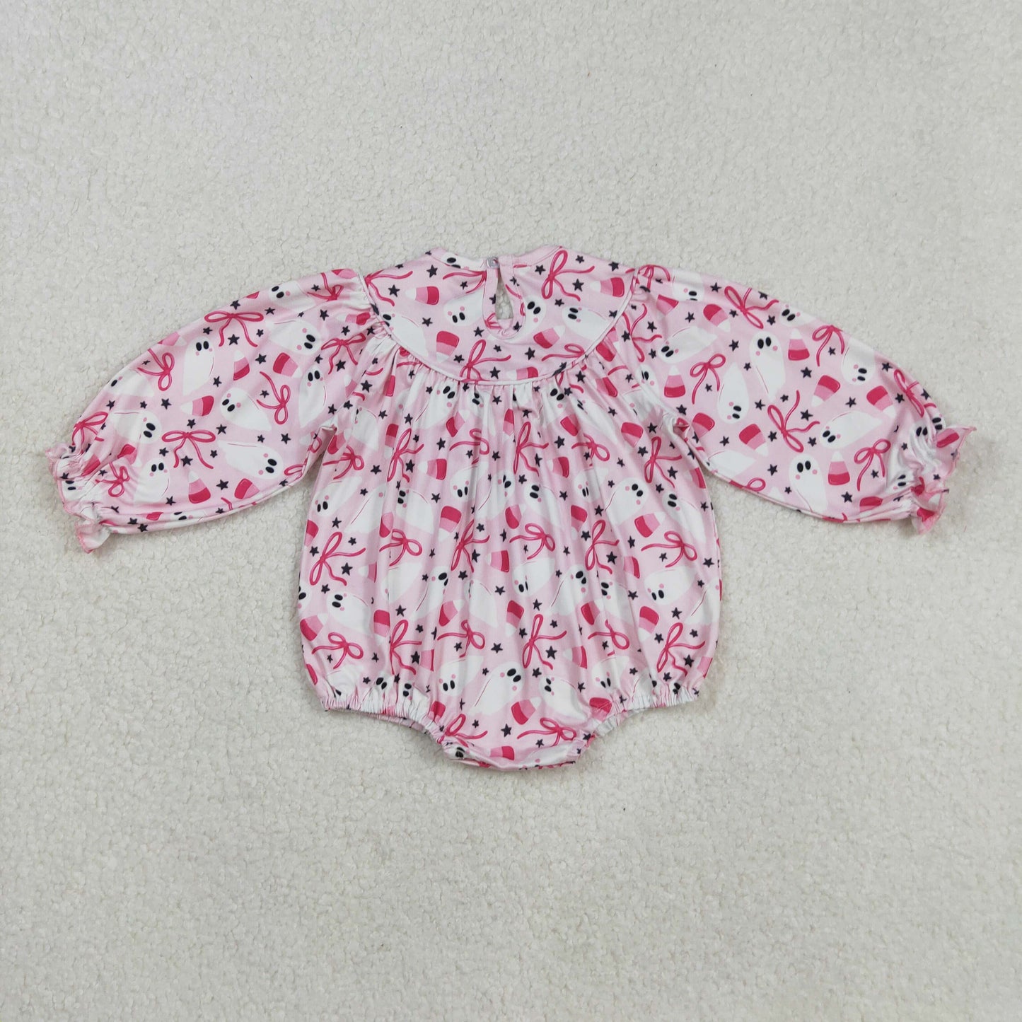 RTS NO MOQ(In Stock) LR2216 Smocked embroidered ghost candy bow pattern long-sleeved bodysuit in pink