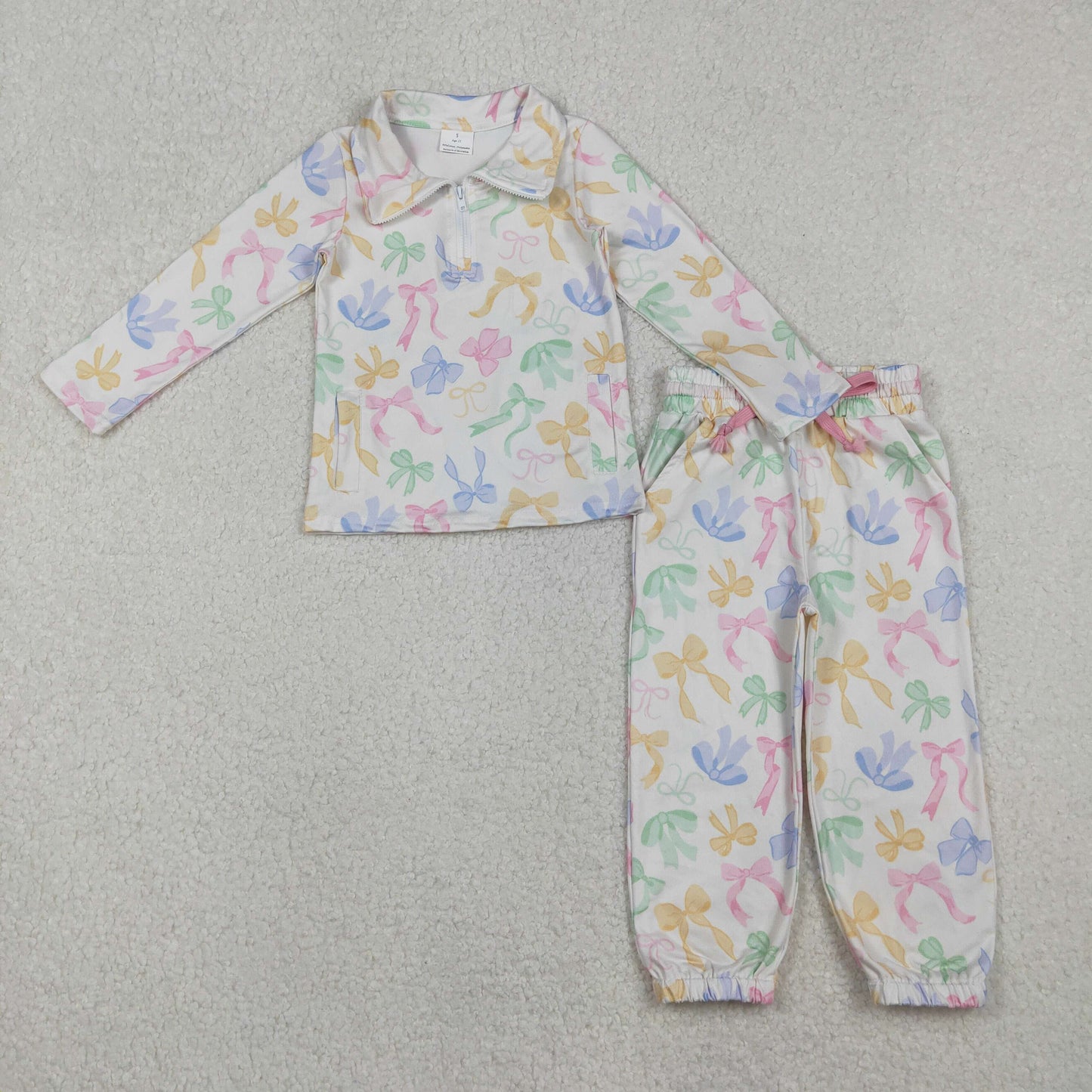 RTS NO MOQ(In Stock) GLP2886 Colorful Bow Pattern Zippered Long-Sleeved Pants Set