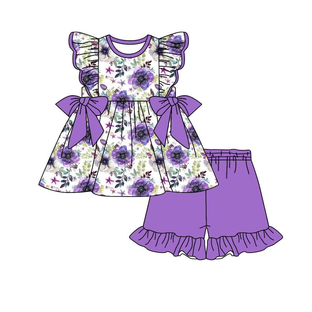 Custom moq 3 eta 7/8week moq 5 eta /4/5week baby girls clothes floral flying sleeve shorts sets