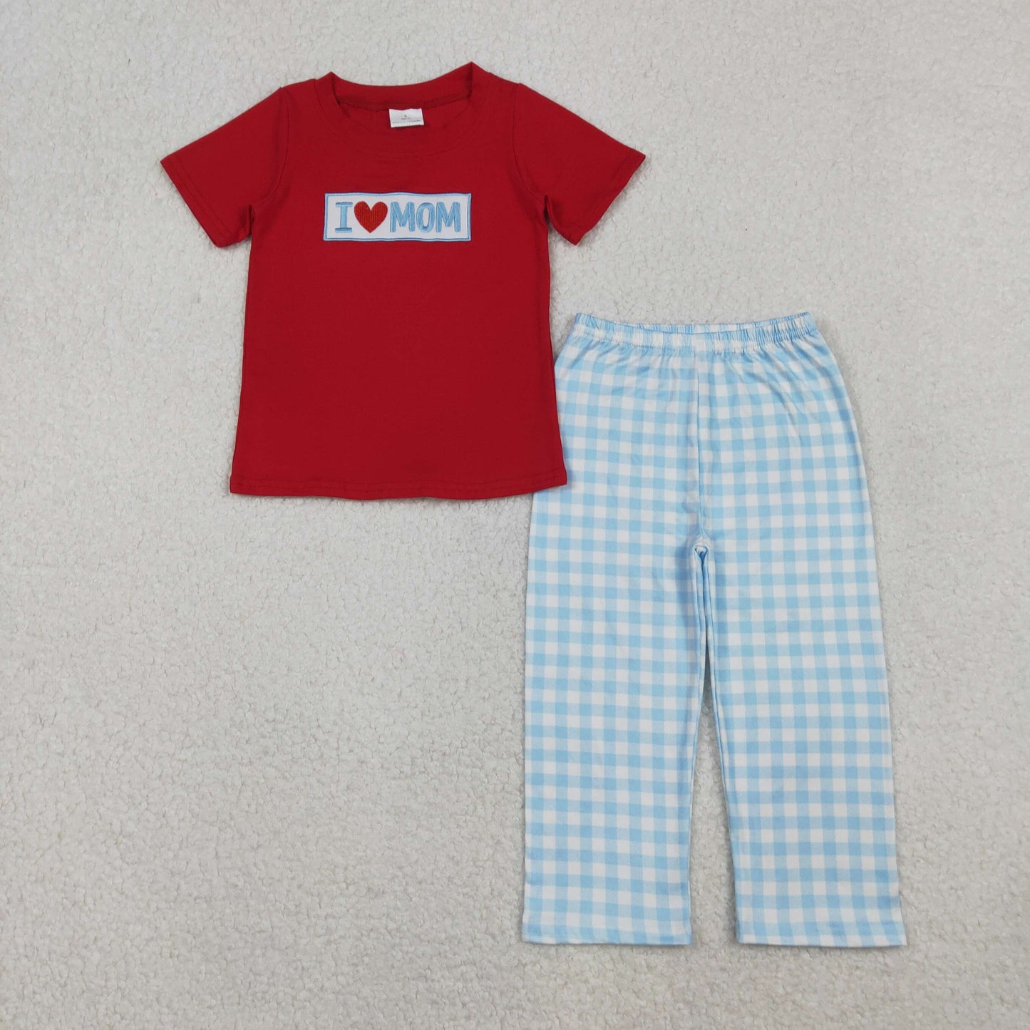 RTS NO MOQ(In Stock) BSPO0588 Embroidered I LOVE MOM red short-sleeved blue plaid pantsuit