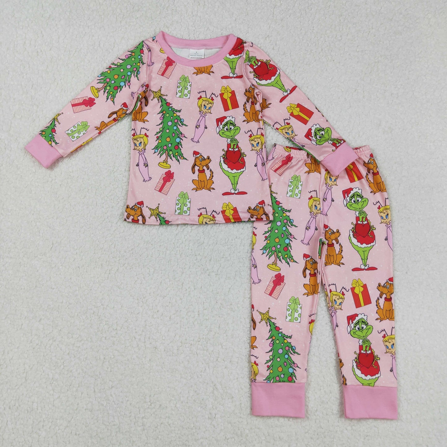 RTS NO MOQ(In Stock) GLP2591 Christmas cartoon Girls Puppy Christmas Tree Pink Long-Sleeved Pants Pajama Set