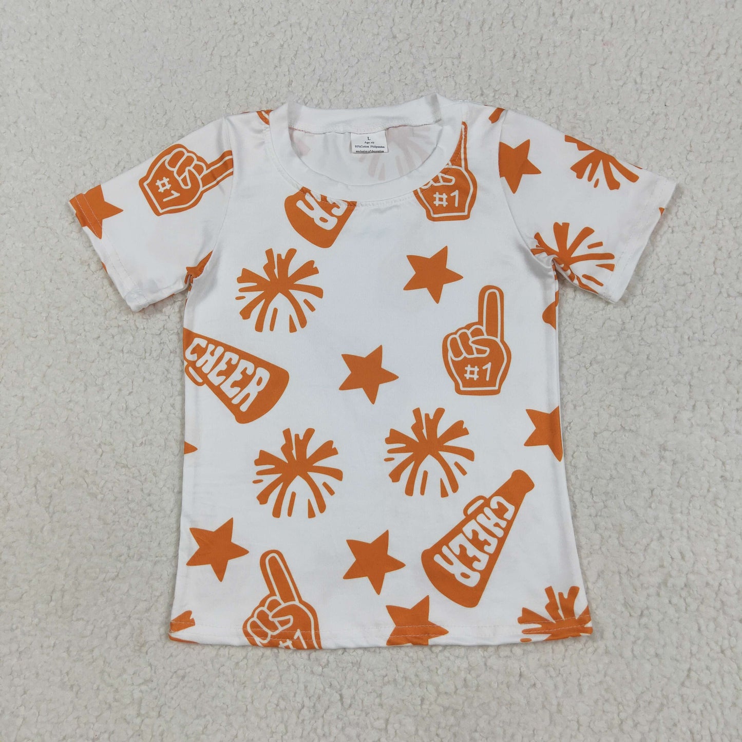 RTS NO MOQ(In Stock) GT1090 Cheer orange fireworks star white short-sleeved top