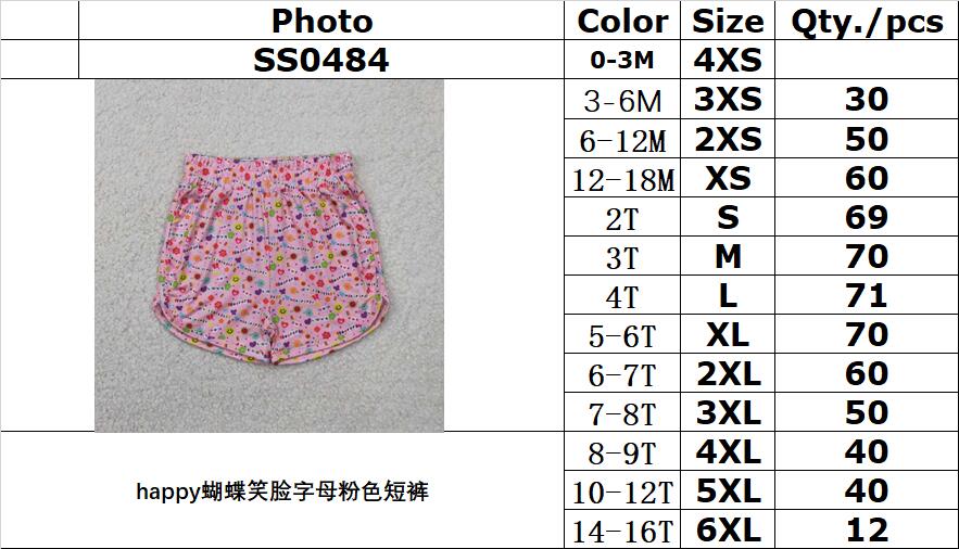 RTS NO MOQ SS0484 Happy butterfly smiley face letter pink shorts
