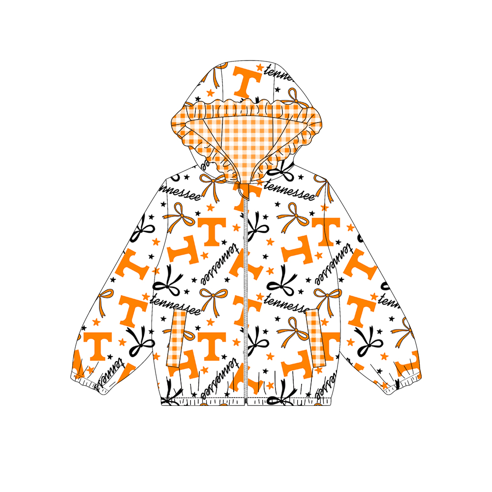 Custom moq 8 mix size milk silk summer team baby girls clothes bow orange hooded long sleeve top-25.9.19