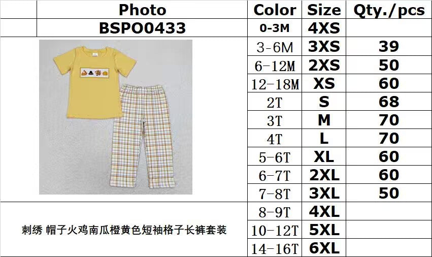 RTS NO MOQ BSPO0433 embroidery hat turkey pumpkin orange and yellow short-sleeved plaid trousers suit