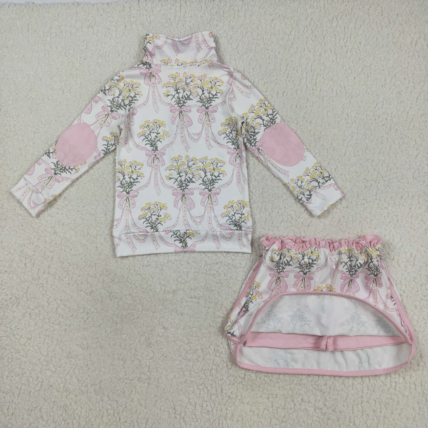 RTS NO MOQ(In Stock) GLD1078 Pink and white zip-up long-sleeved skirt set with floral bouquet and bow pattern