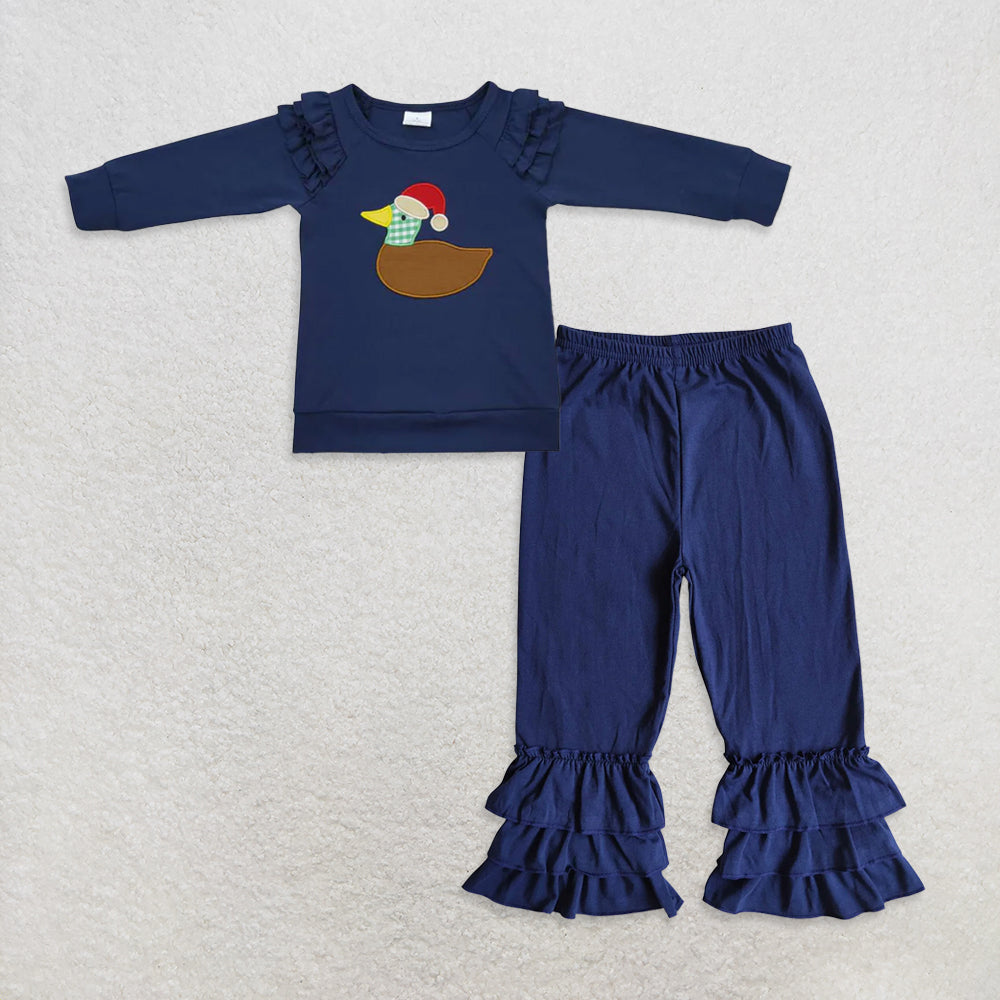 RTS NO MOQ GT0281 + D10-13 Christmas Baby Girls Duck Hats Long Sleeve Ruffle Shirts Dark Blue triple ruffle pants