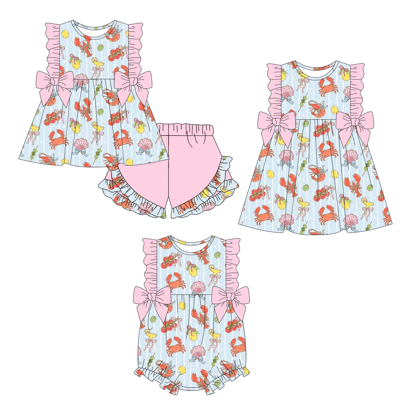 26.1.3 custom each style moq 5 eta 6-8week Sibling Sister bow lobster baby short sleeve shorts sets and romper and dress match design