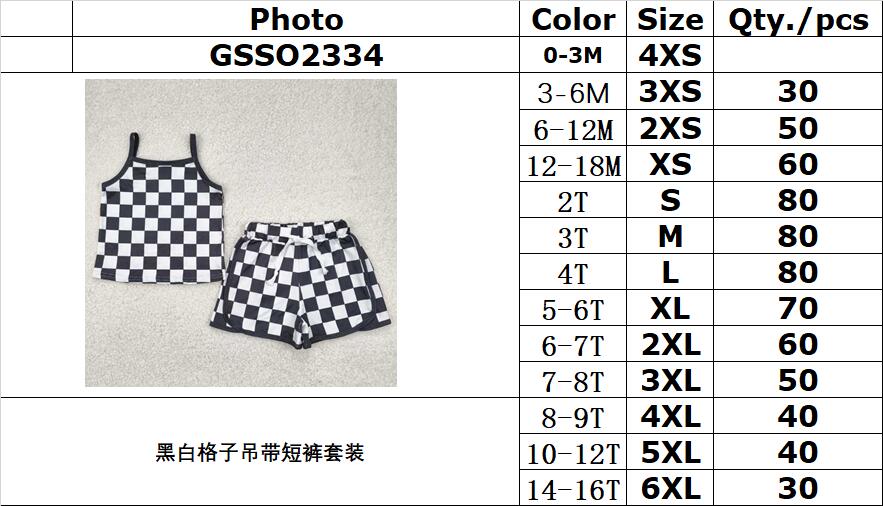 RTS NO MOQ(In Stock) GSSO2334 Black and white plaid suspender shorts set