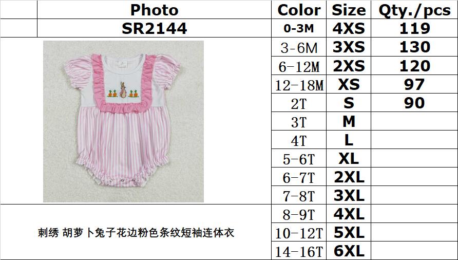 RTS NO MOQ ETA 5/7days arrived SR2144 Embroidered carrot rabbit lace pink striped short-sleeved jumpsuit