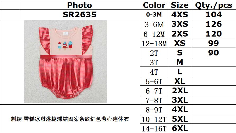 RTS NO MOQ SR2635 Embroidered ice cream bow pattern striped red vest jumpsuit
