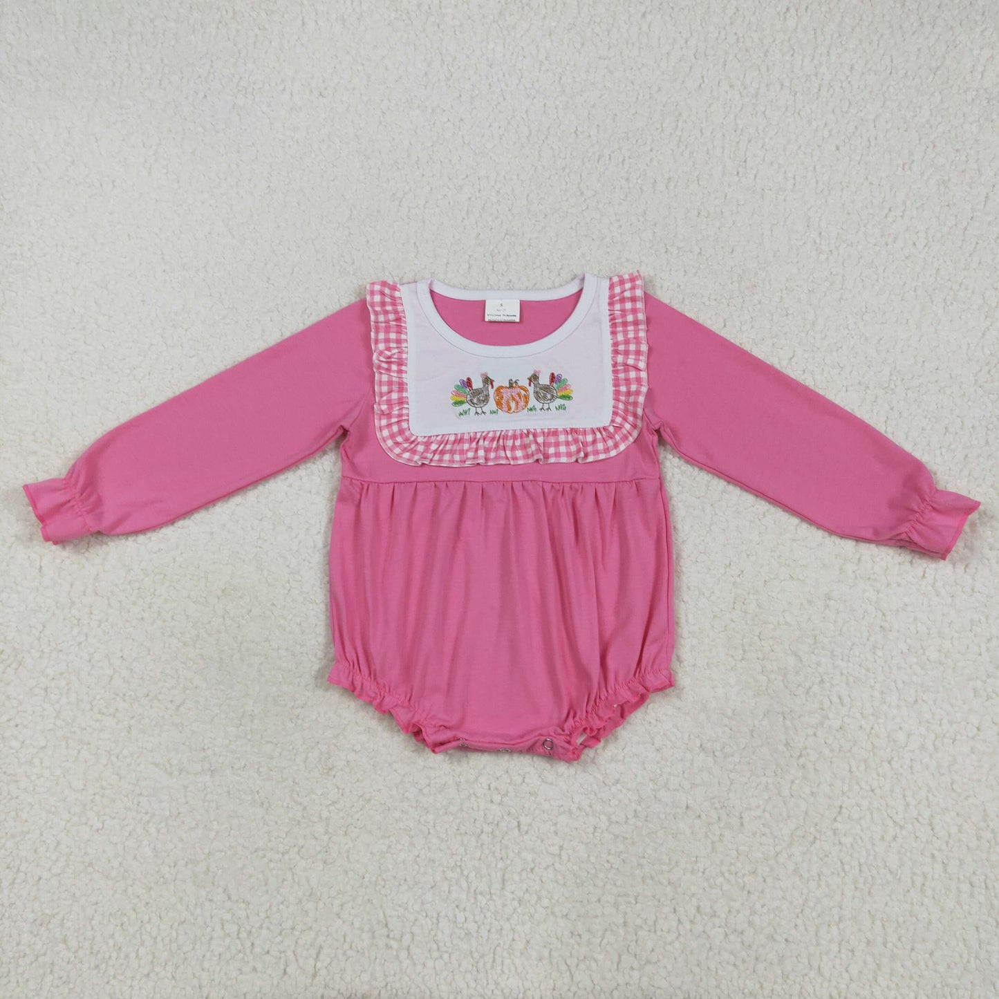 RTS NO MOQ(In Stock) LR2287 Embroidered turkey pumpkin plaid lace pink long-sleeved bodysuit