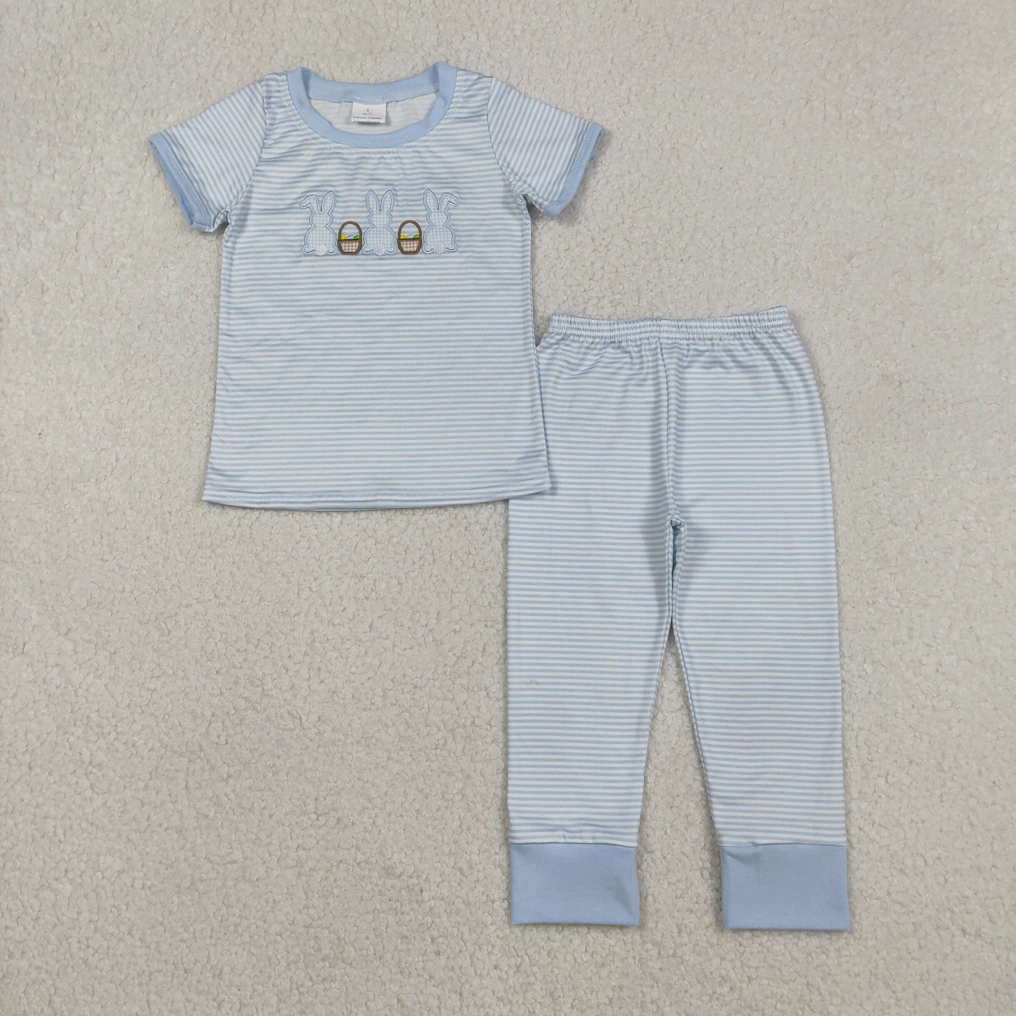 RTS NO MOQ(In Stock) Embroidered Easter Bunny Egg Basket Blue Striped Short-Sleeve Pants Pajama Set