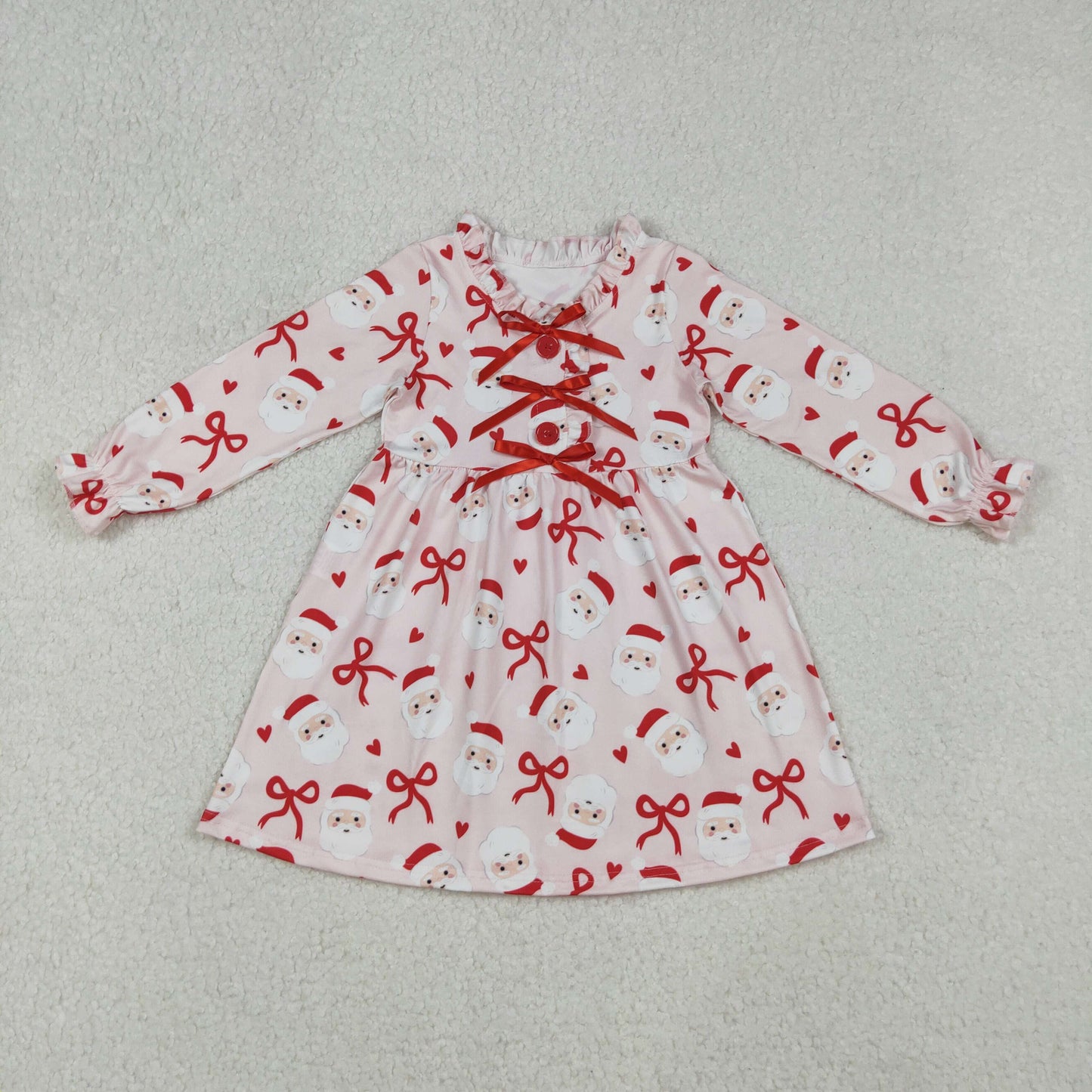 RTS NO MOQ(In Stock) GLD1233 Pink long-sleeved dress with Santa Claus red heart bow pattern