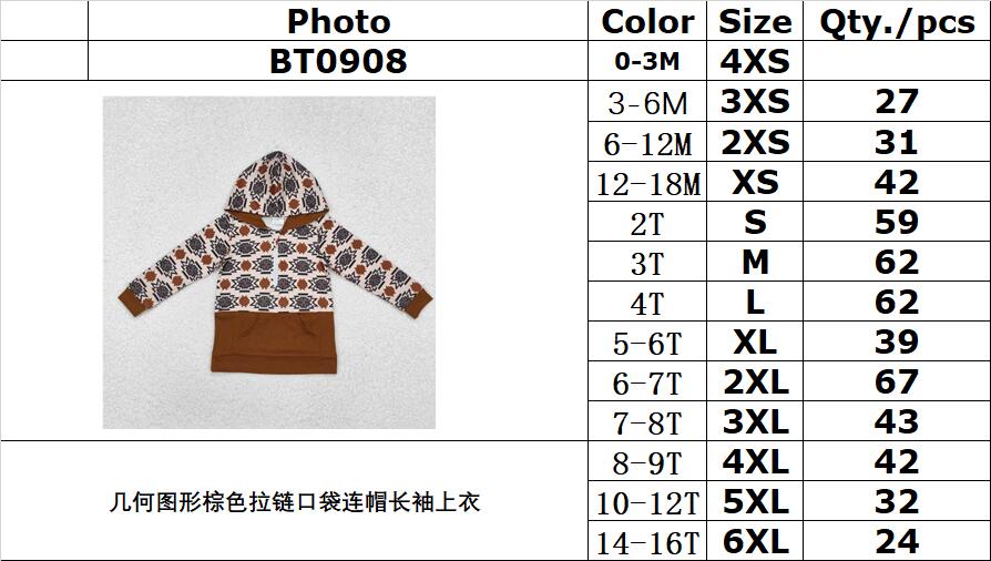 RTS NO MOQ ETA 5/7days Arrived BT0908 Geometric Brown Zipper Pocket Hooded Long Sleeve Top