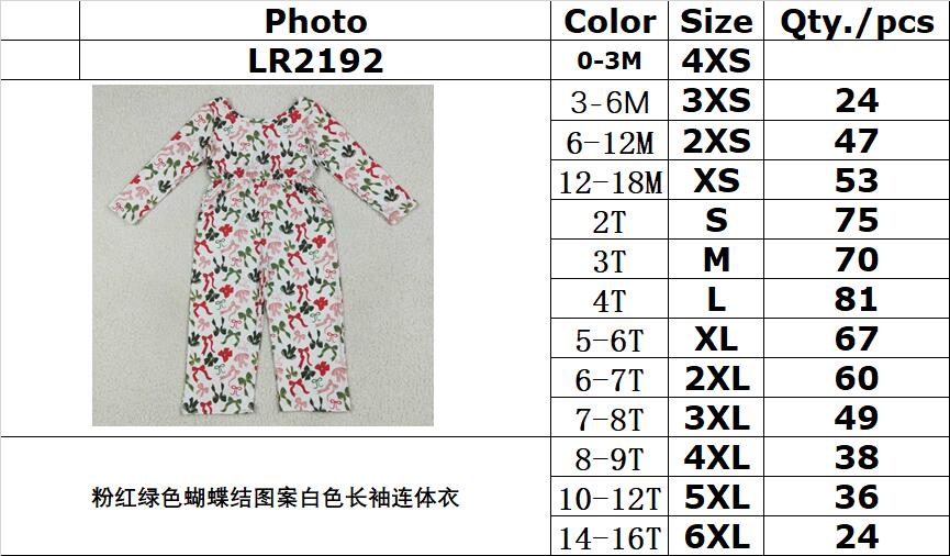RTS NO MOQ LR2192 White long-sleeved jumpsuit with pink and green bow pattern