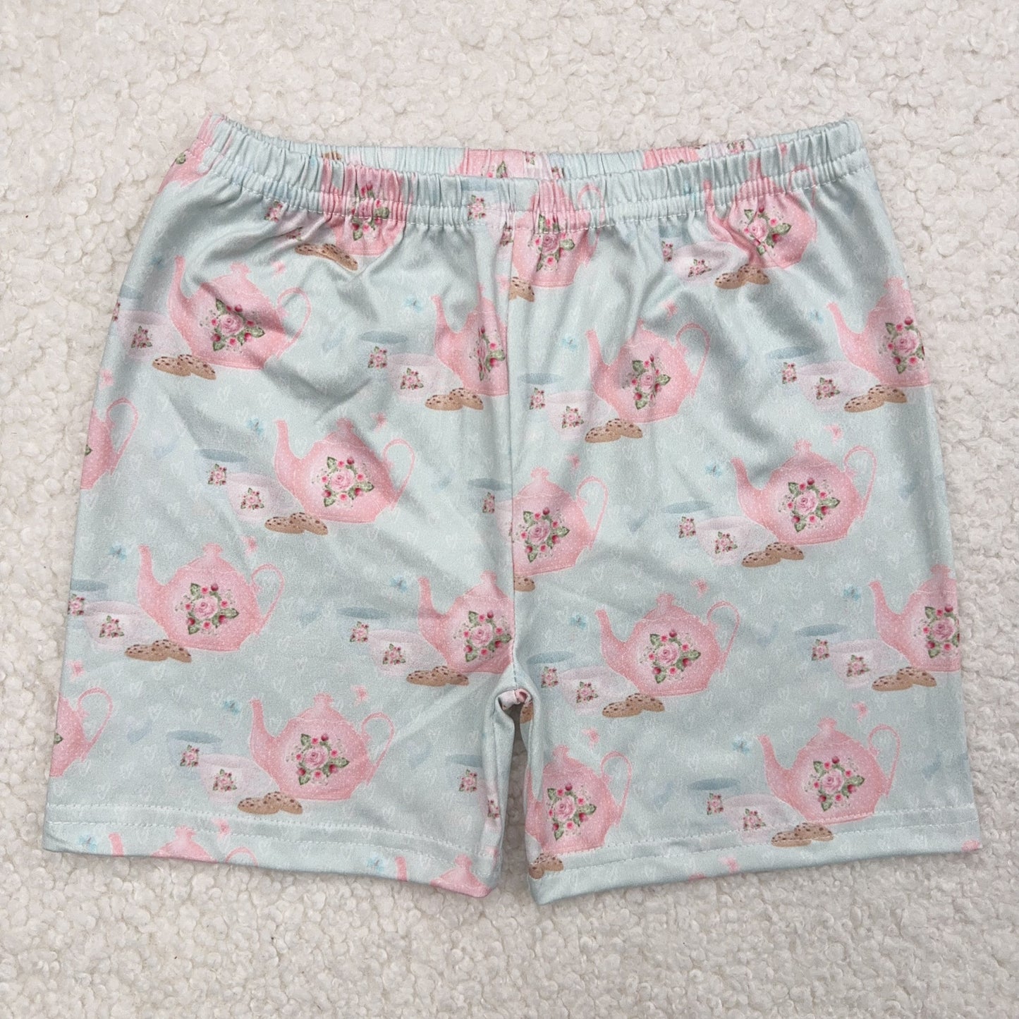 RTS SALES NO MOQ粉色小花茶壶茶杯浅蓝色短裤Pink flower teapot and teacup with light blue shorts