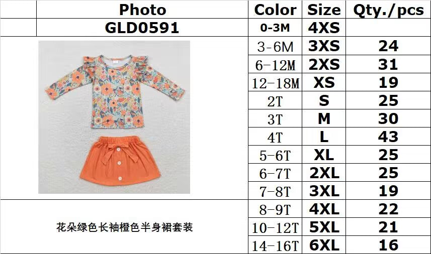 rts no moq GLD0591 Flower green long-sleeved orange skirt suit