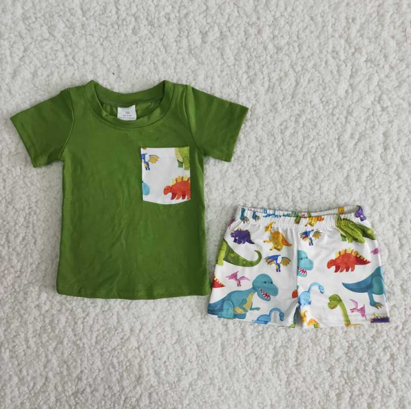 RTS NO MOQ A16-12 Boys Pocket Short Sleeve Dinosaur Shorts Set