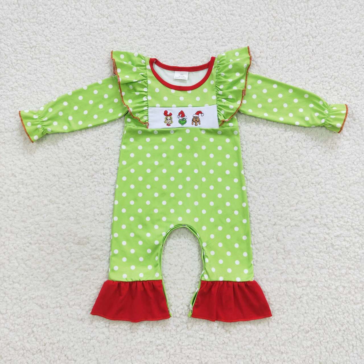 LR0387 Christmas cartoon girl embroidery grinch dog polka dot green lace long sleeve jumpsuit
