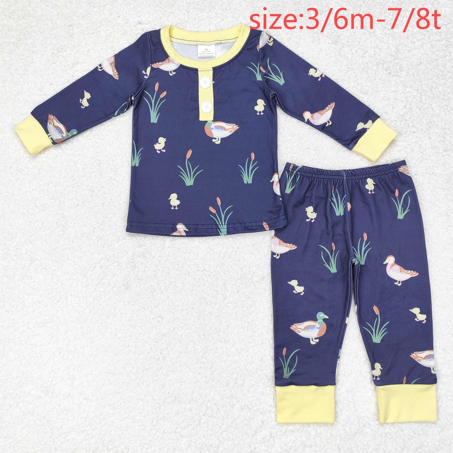 RTS NO MOQ(In Stock) Duck yellow trim navy blue long sleeve trousers pajama set