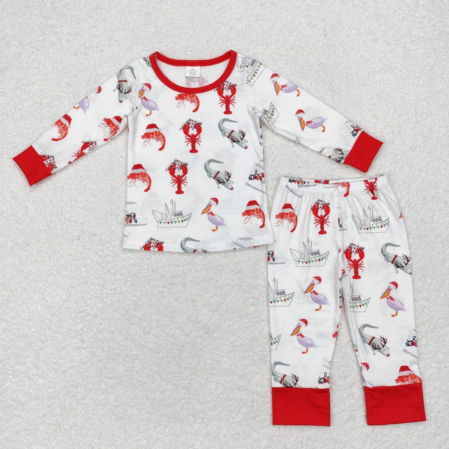 RTS NO MOQ(In Stock) Modal ship crayfish crocodile red and white long-sleeved long pants pajama set