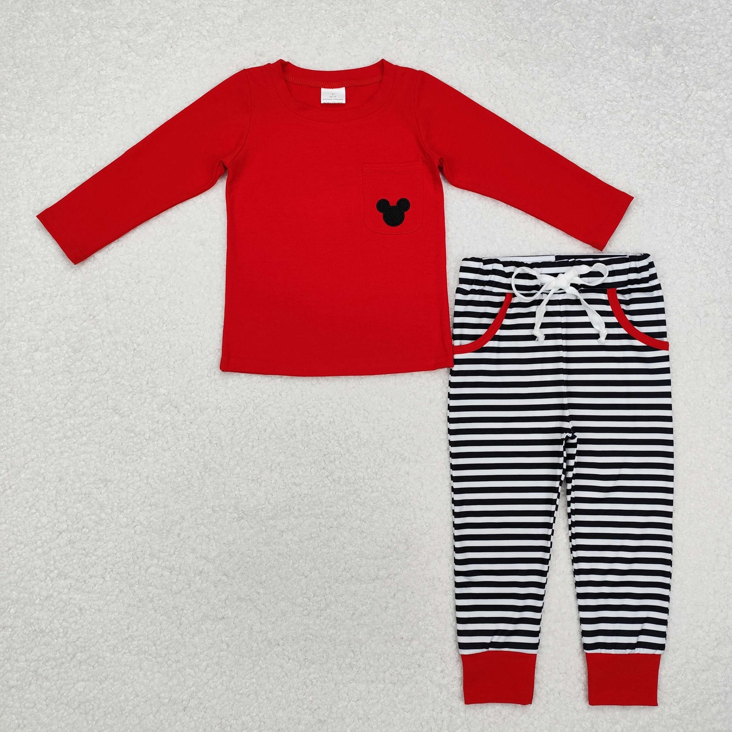 RTS NO MOQ ETA 5/7days Arrived BLP0796 Embroidered pocket red long sleeve striped trousers set