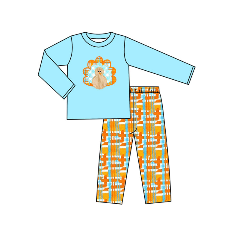 (Pre Order) No moq BLP1182 Pre-order baby boy clothes turkey blue long sleeve pants sets-2025.7.17